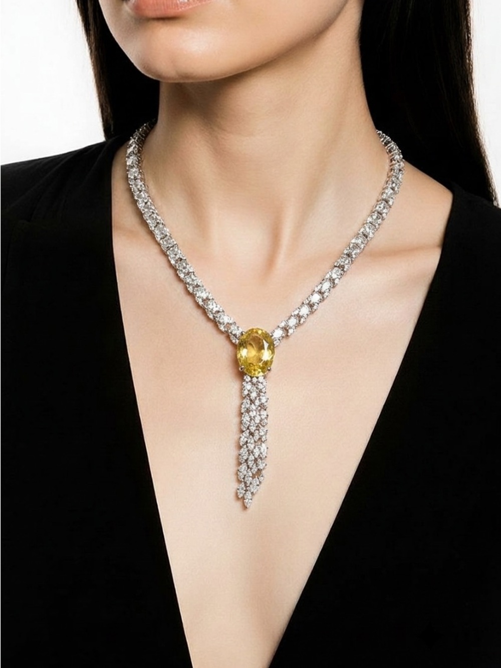 Luxury Yellow Gem and Silver Crystal Statement Necklace set